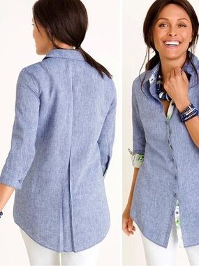 Chico’s No Iron 100% Linen Tunic Blouse Coastal Roll Sleeve Size 1 (M 8/10)